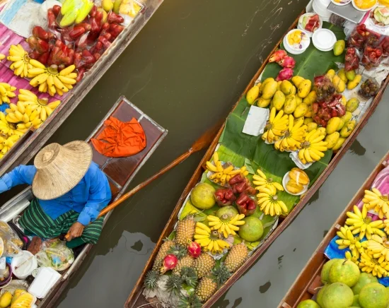 ダムヌンサドゥアック水上マーケット 手漕ぎボート乗船付き + メークロン線路市場で列車乗車ツアー